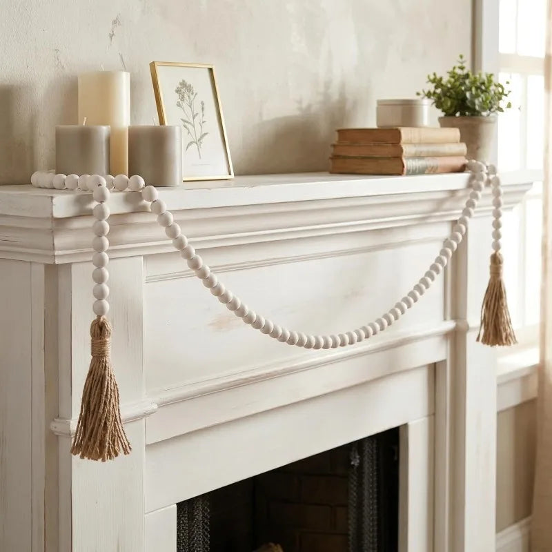 Boho Wood Bead Tassel Garland | 58" Farmhouse Rustic Bead Decor