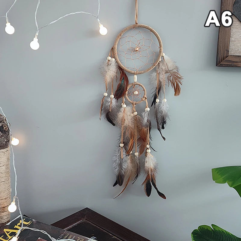 Boho Feather Dream Catcher – Handwoven Double-Ring Wall Hanging | Earth Tones