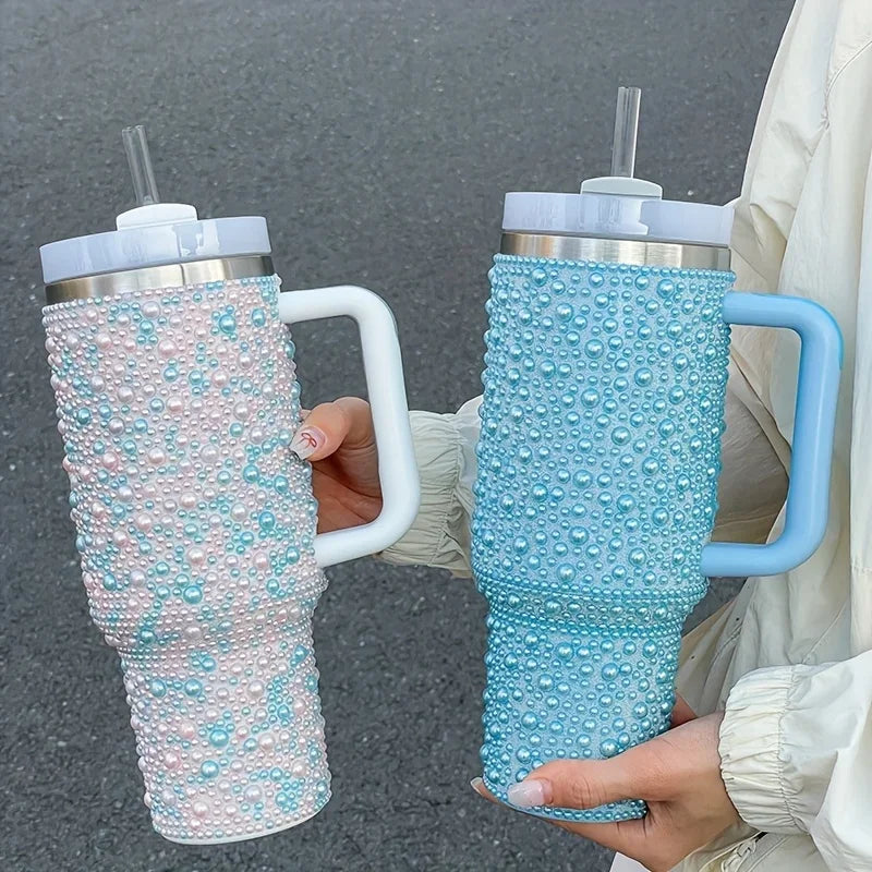 40oz Pearl & Rhinestone Tumbler | Vacuum Insulated Wide Handle Car Cup