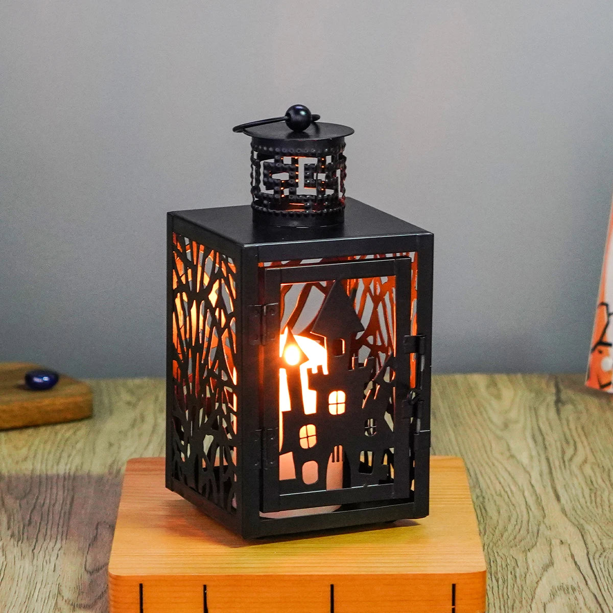 Halloween Iron Hollowed Lantern | Candle Lantern in Cat, Witch, Haunted House & Spooky Tree