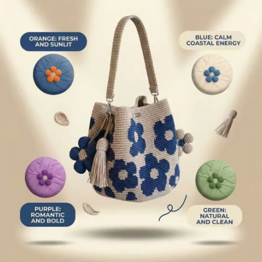 Boho Floral Crochet Bucket Bag | Handwoven Tassel Shoulder & Crossbody Purse in Blue or Yellow