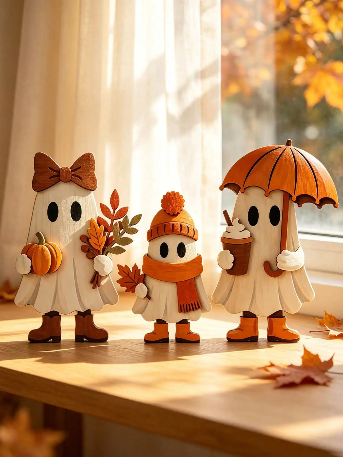 3-Piece Autumn 2D Wooden Ornament Set — Maple Leaf & Sunflower Desktop Décor