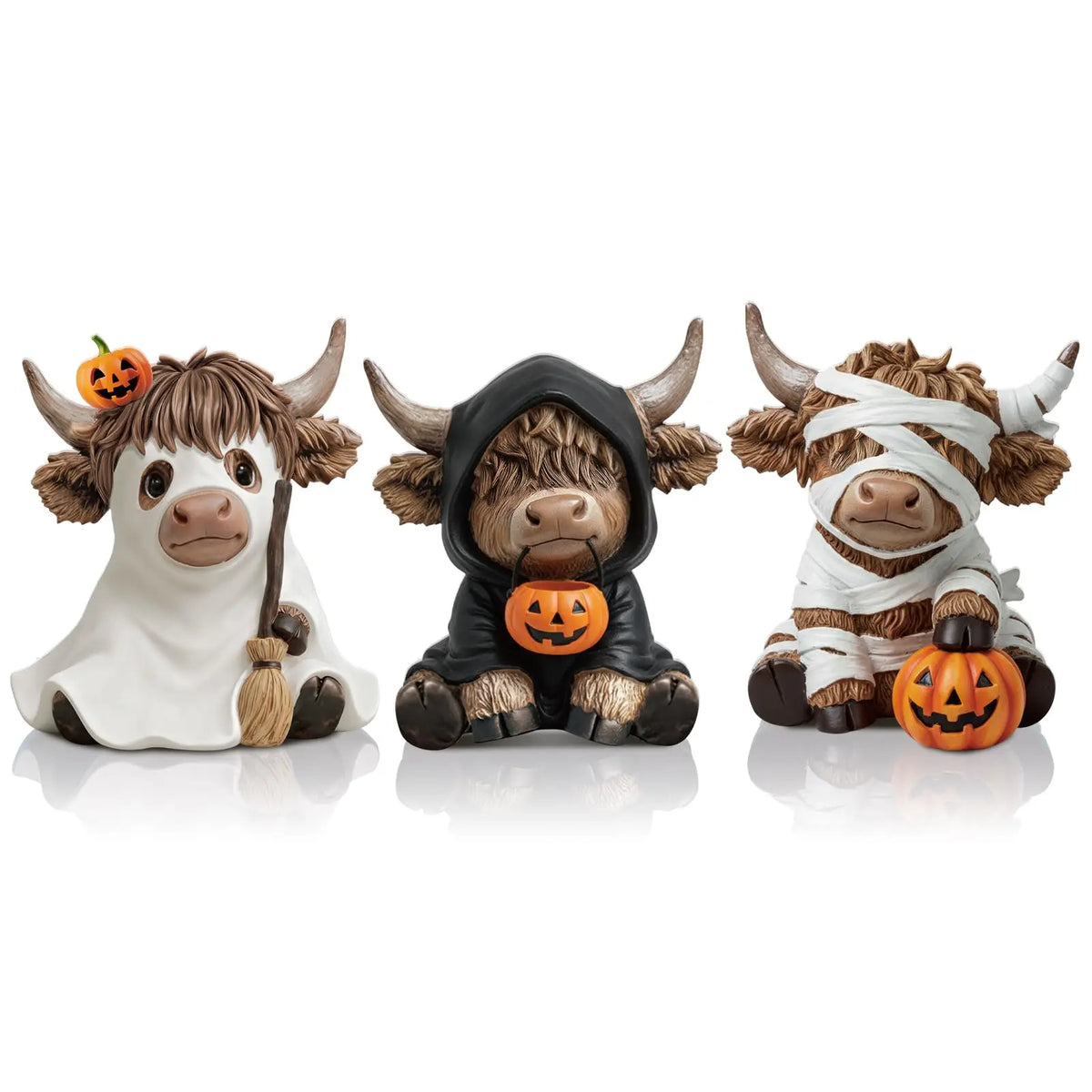 Halloween Highland Cow Statue Set — Ghost, Mummy & Pumpkin Shelf Décor