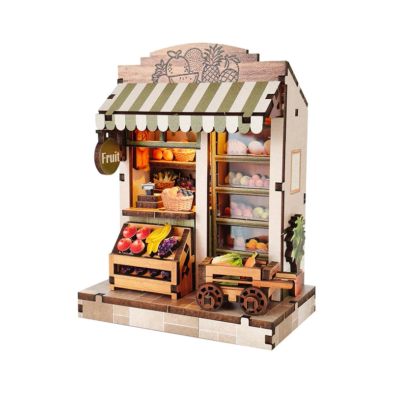 DIY Miniature Cottage Kit – Wooden Kiosk & Fruit Shop Scene with Furniture
