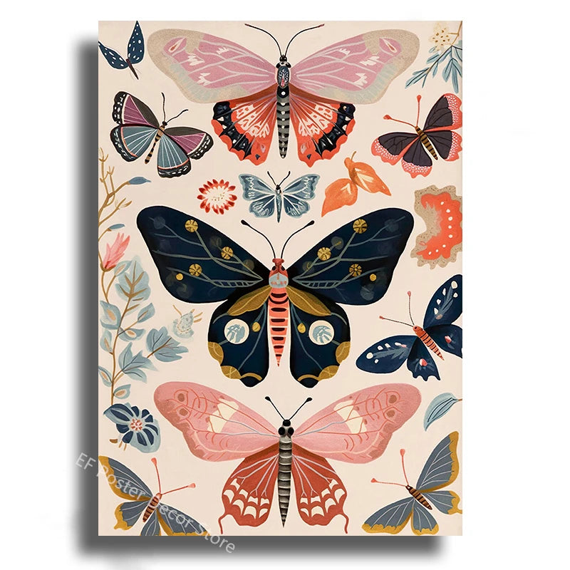 Boho Butterfly & Floral Aesthetic Poster Print | Vintage Wall Art for Living Room, Bedroom & Home Decor