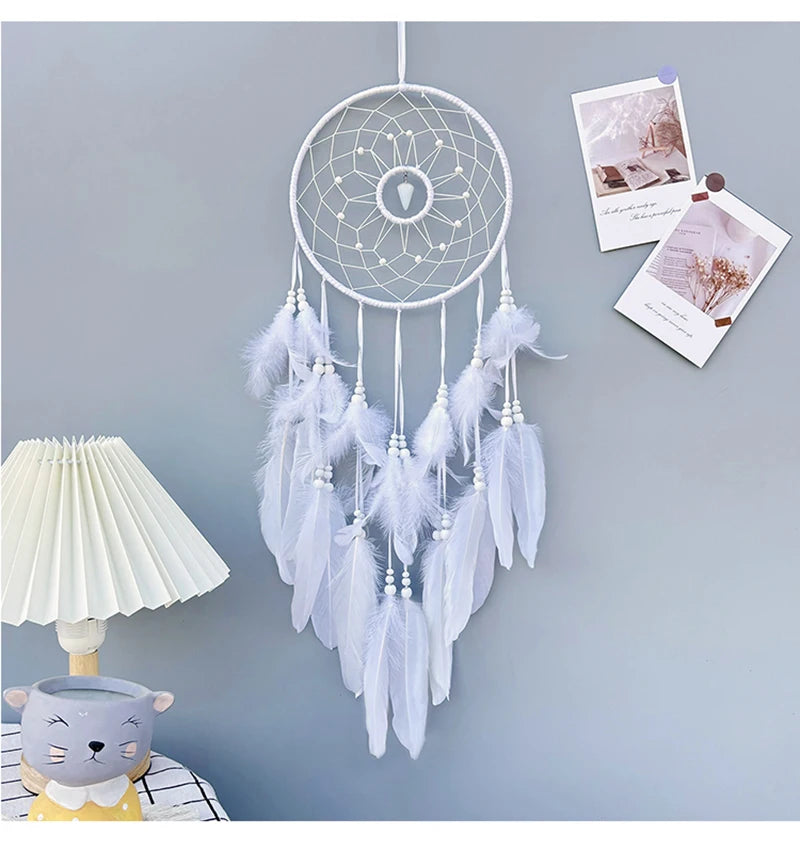 Nordic Dream Catcher Handmade  White Feather Wind Chimes Crystal Wall Pendant Birthday Festival Gifts Bedroom Hanging Ornaments