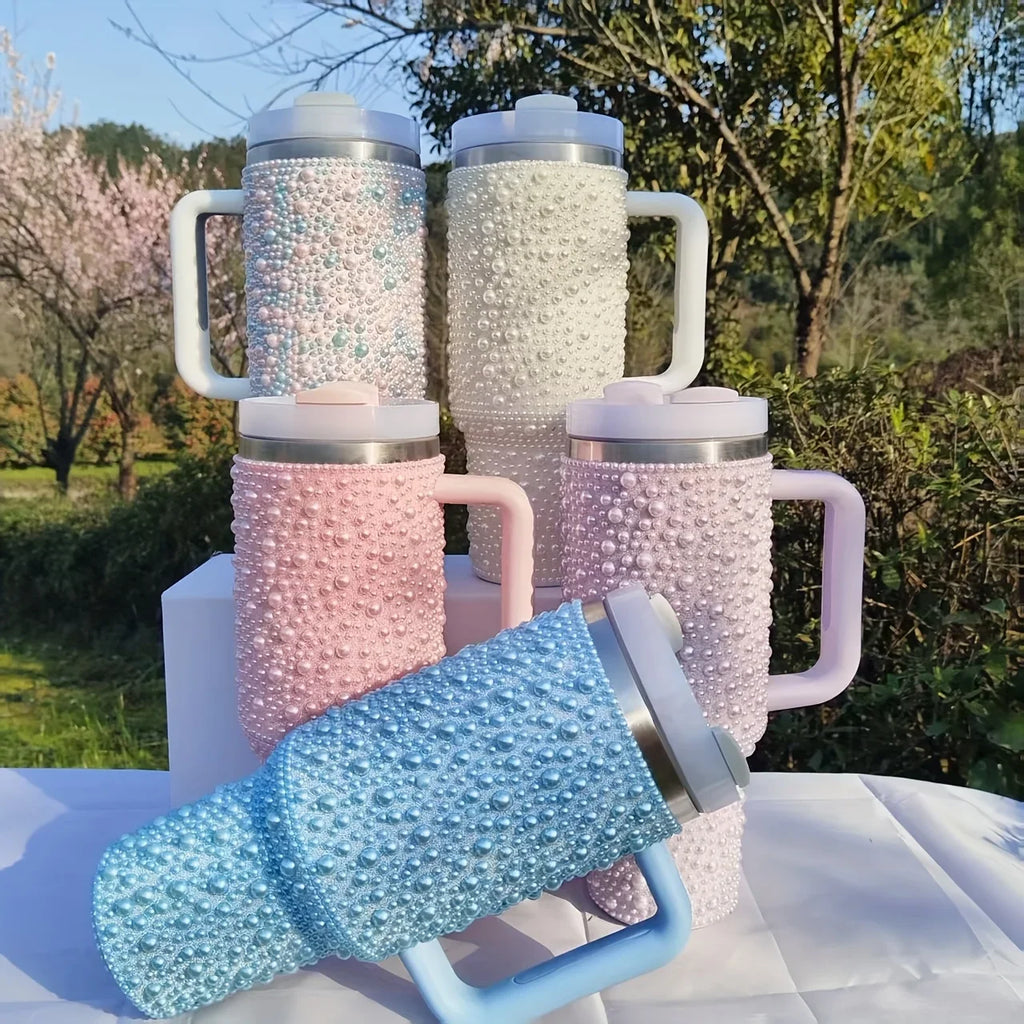 40oz Pearl & Rhinestone Tumbler | Vacuum Insulated Wide Handle Car Cup