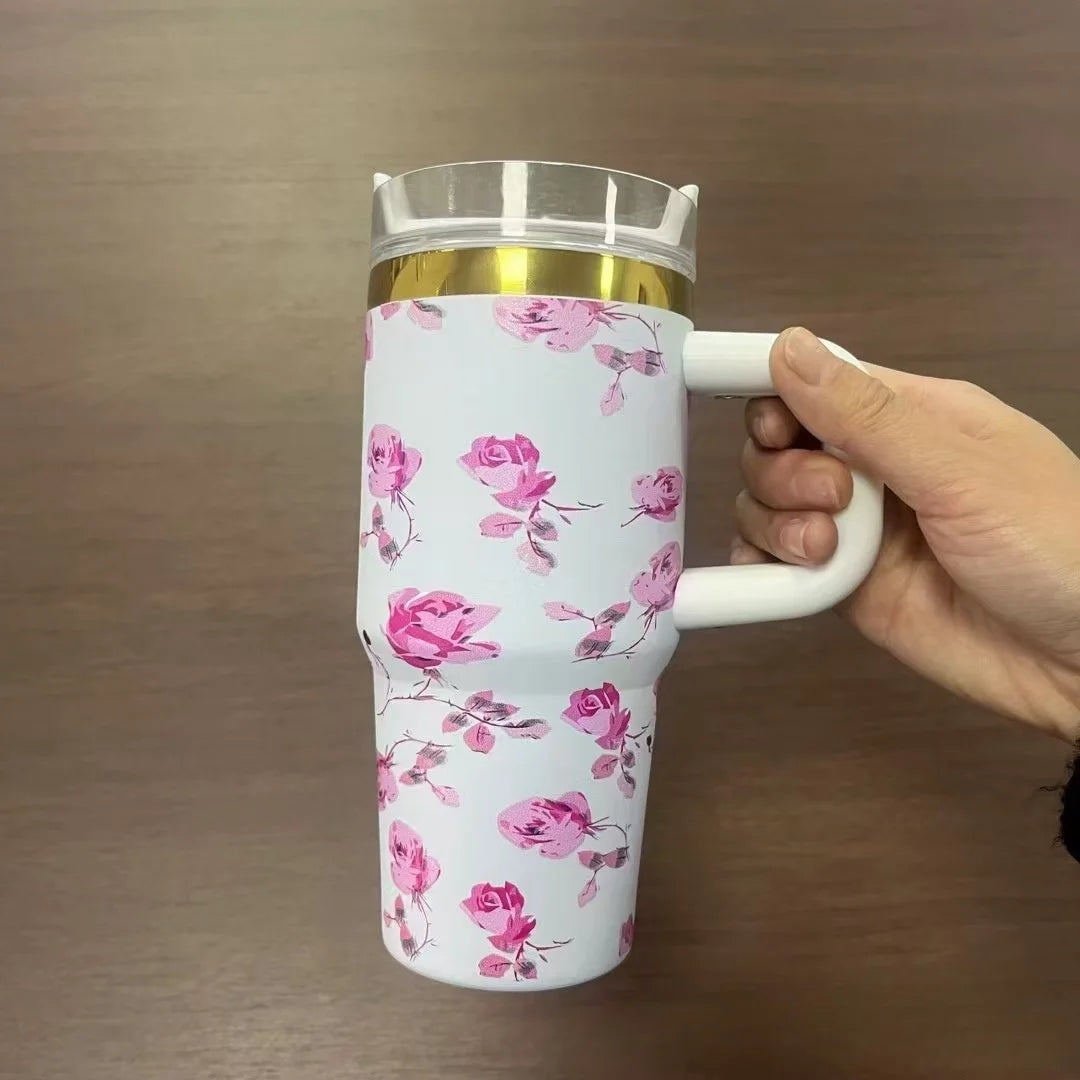 14oz Insulated Car Cup Tumbler | Stainless Steel Travel Mug with Handle & Straw