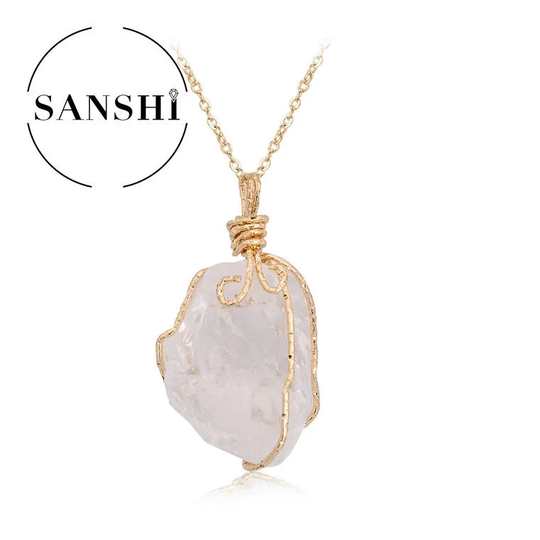 Natural Stone Crystal Pendant Necklace — Twisted Wire Wrap in Gold or Silver Tone