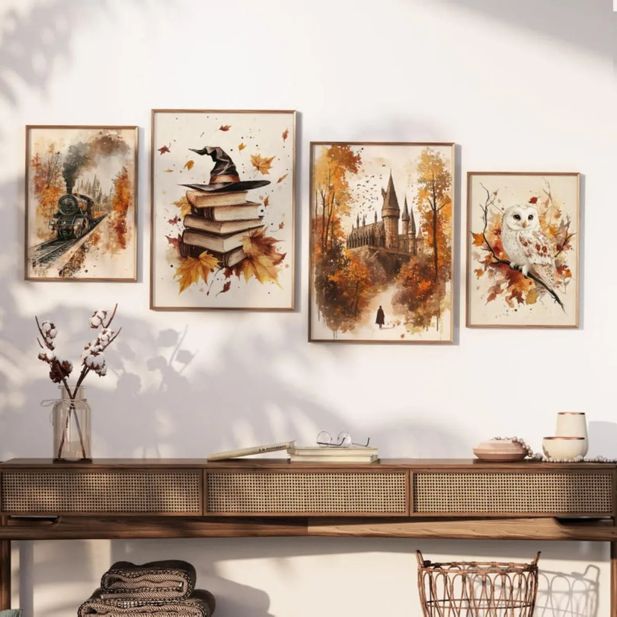 Autumn Magic Canvas Print Set of 4 | Books, Owl & Train