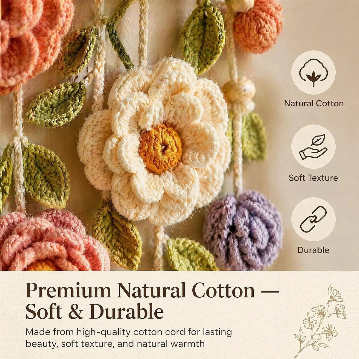 Boho Handmade Cotton Floral Crochet Vine Wall Hanging | Macrame Decor for Indoor & Porch