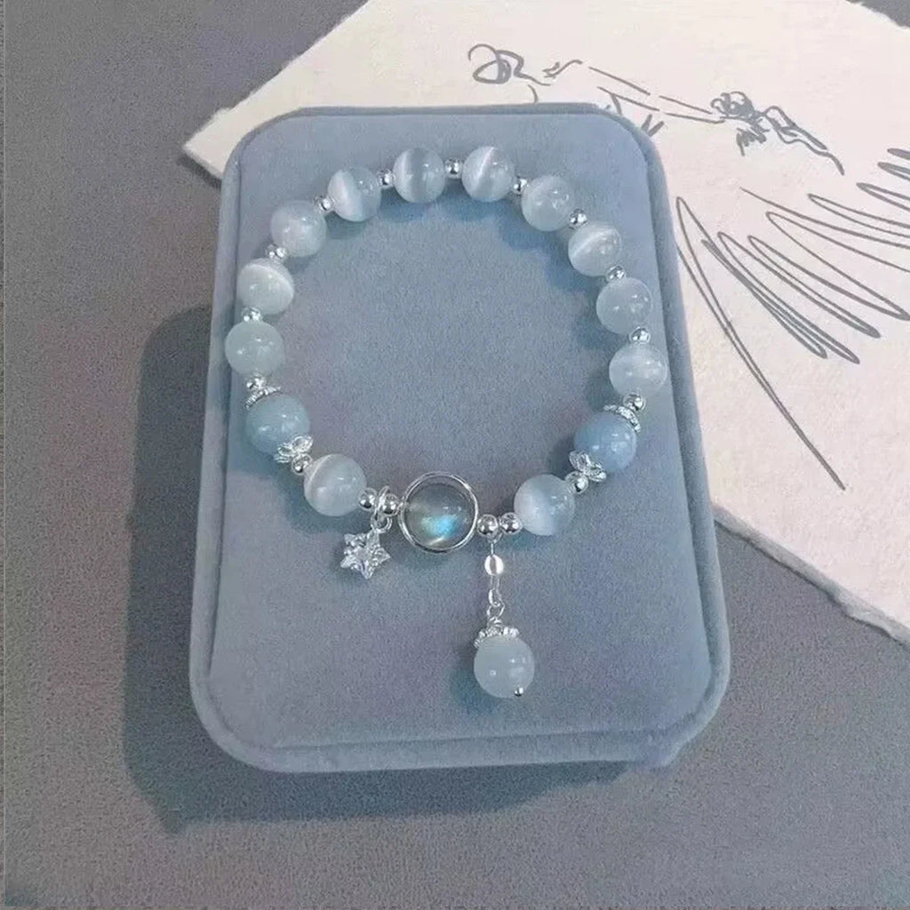 Blue Moonstone Cat Eye Crystal Bead Bracelet | Dreamy Glow · Gift for Her