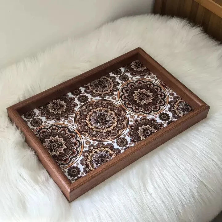 Boho Wooden Decorative Tray | Rustic Handmade Storage & Serving Tray