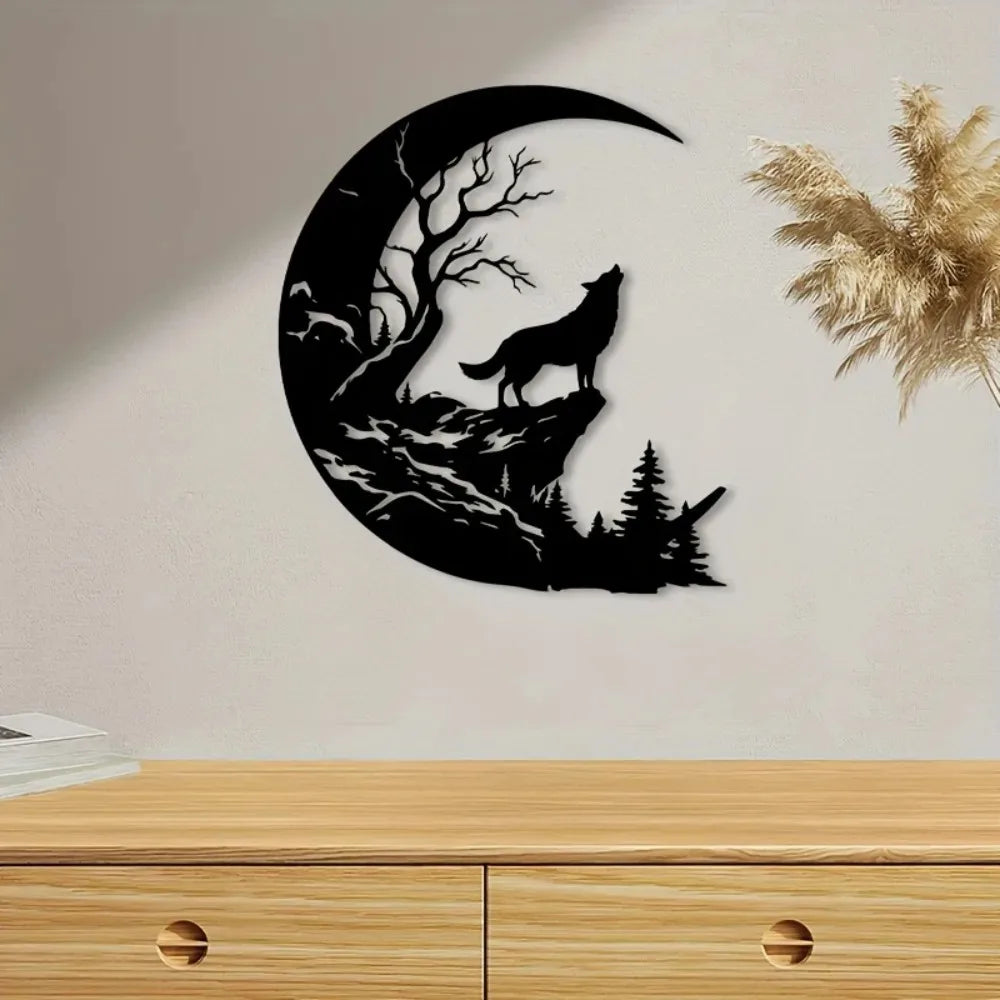 Howling Wolf & Crescent Moon Metal Wall Art