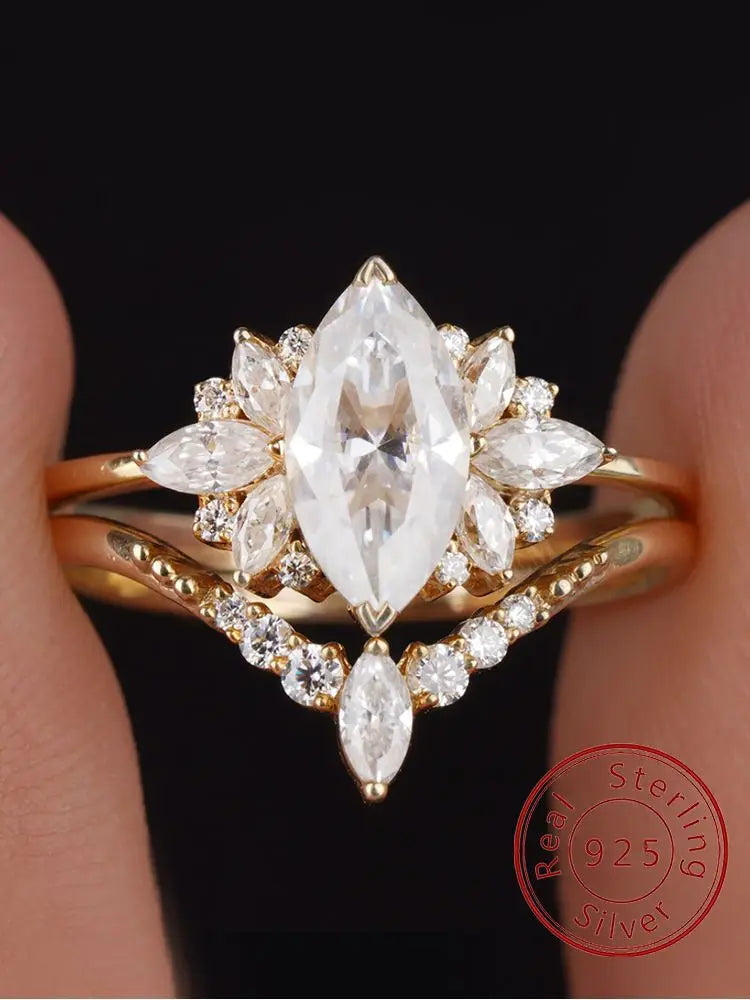 Sterling Silver Marquise Zircon Ring Set