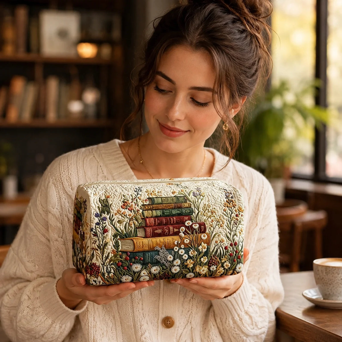 Vintage Book-Print Quilted Cosmetic Bag