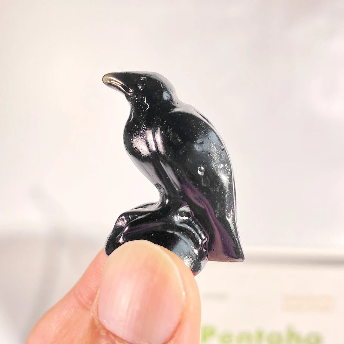 Hand-Carved Obsidian Crow Figurine | Crystal Bird Sculpture