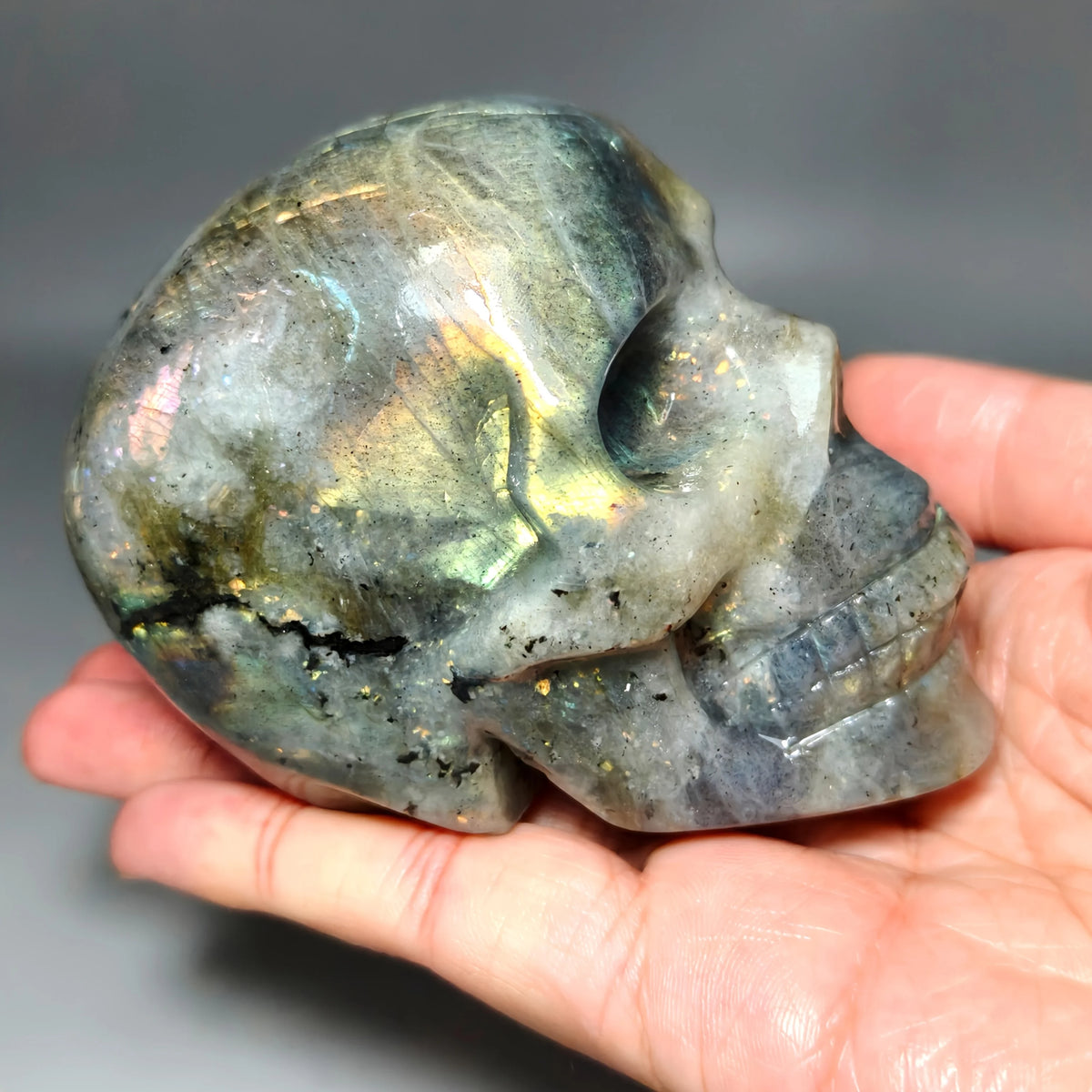 Flash Labradorite Crystal Skull | Carved Healing Stone | Halloween & Meditation Decor