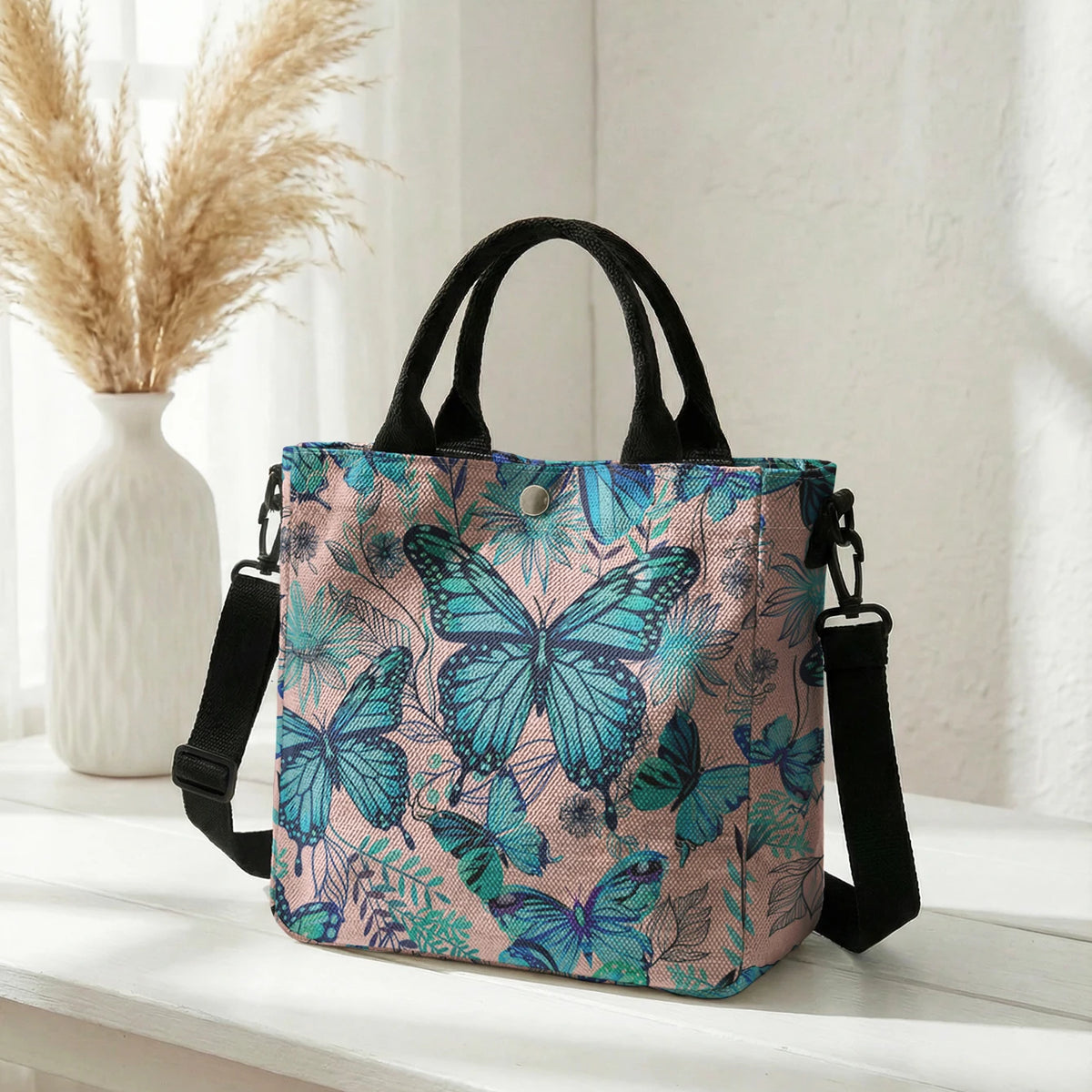 Butterfly & Daisy Floral Tote Bag with Crossbody Strap