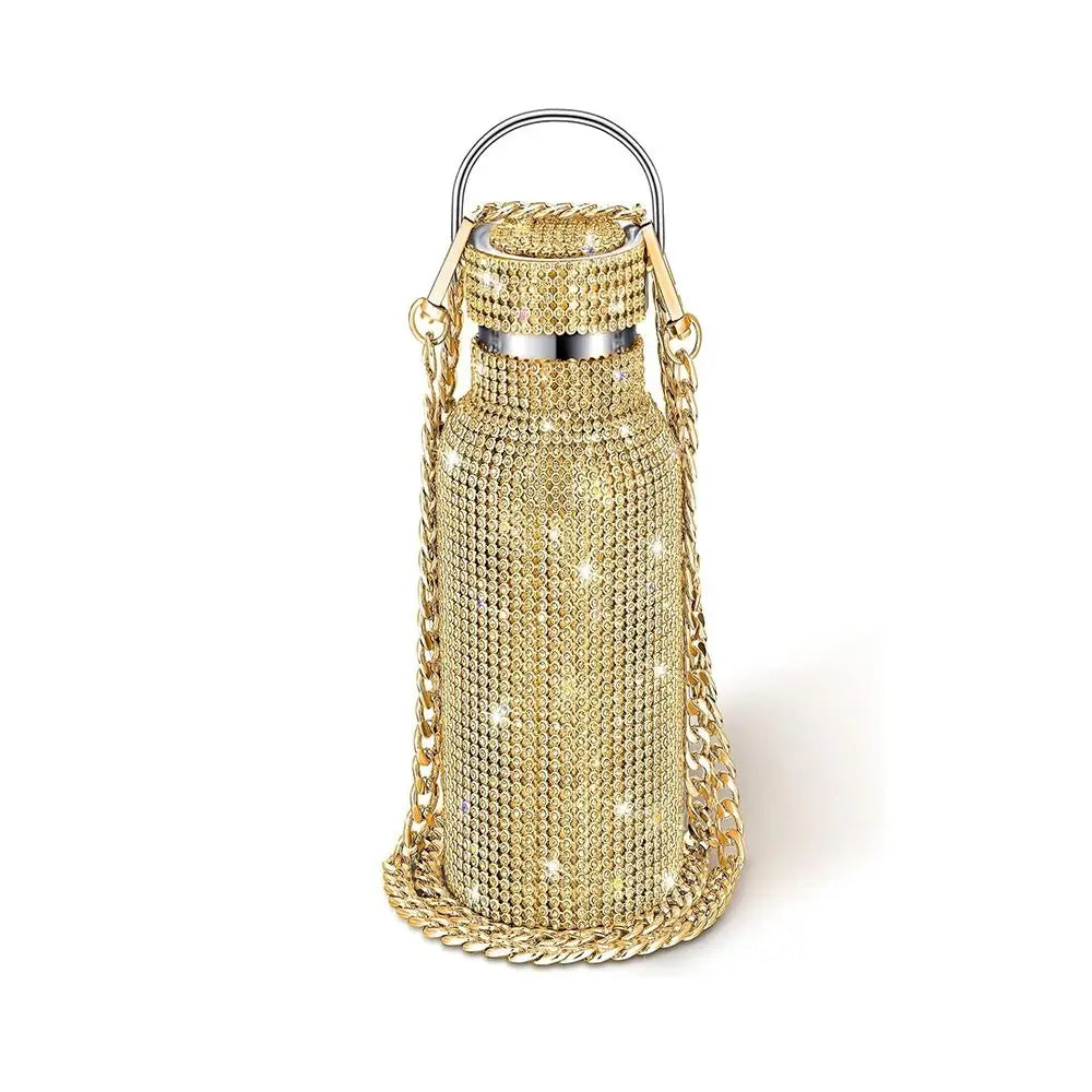 Rhinestone Glitter Water Bottle with Chain Strap | Bling Insulated Tumbler