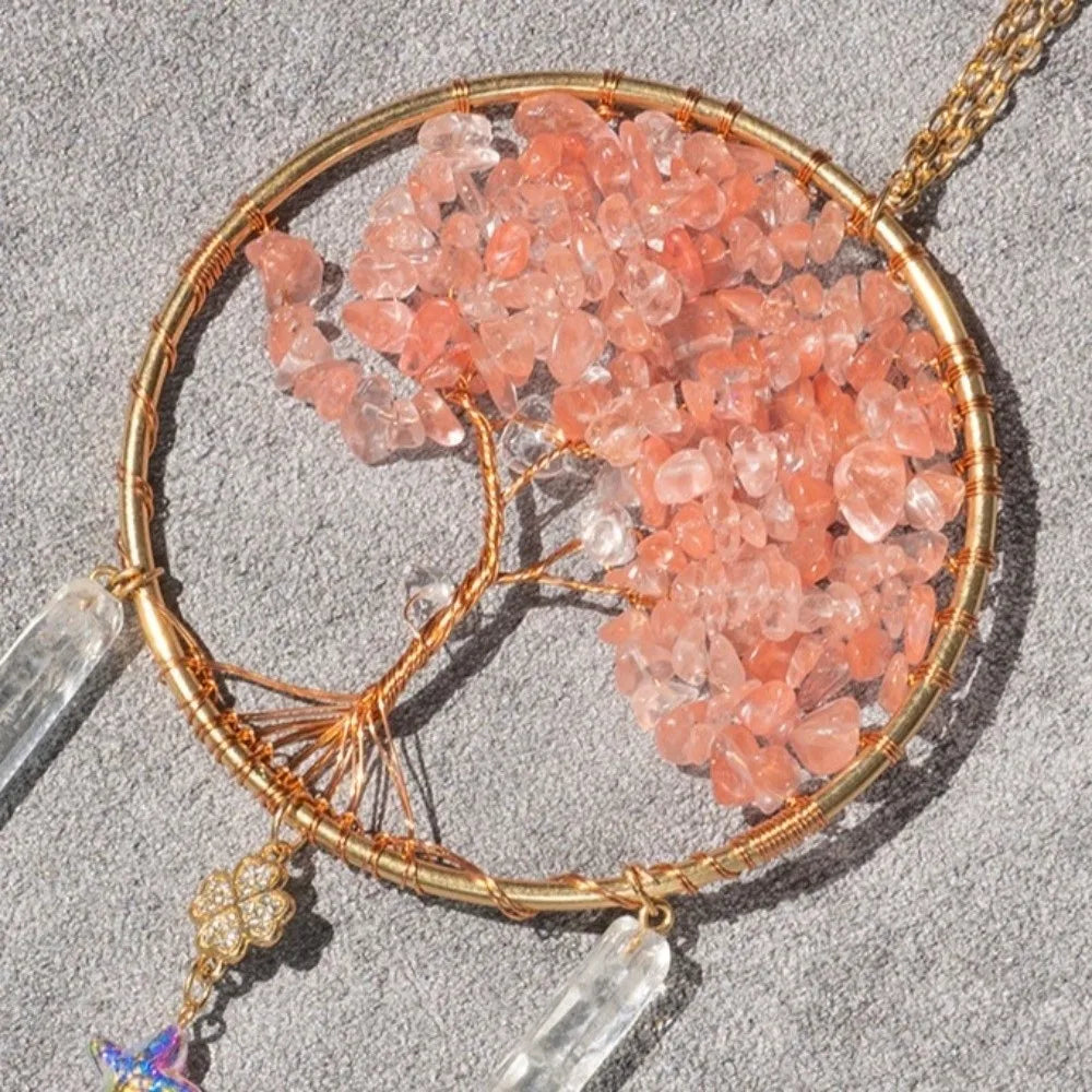 Rose Quartz Tree of Life Suncatcher | Boho Window Hanging