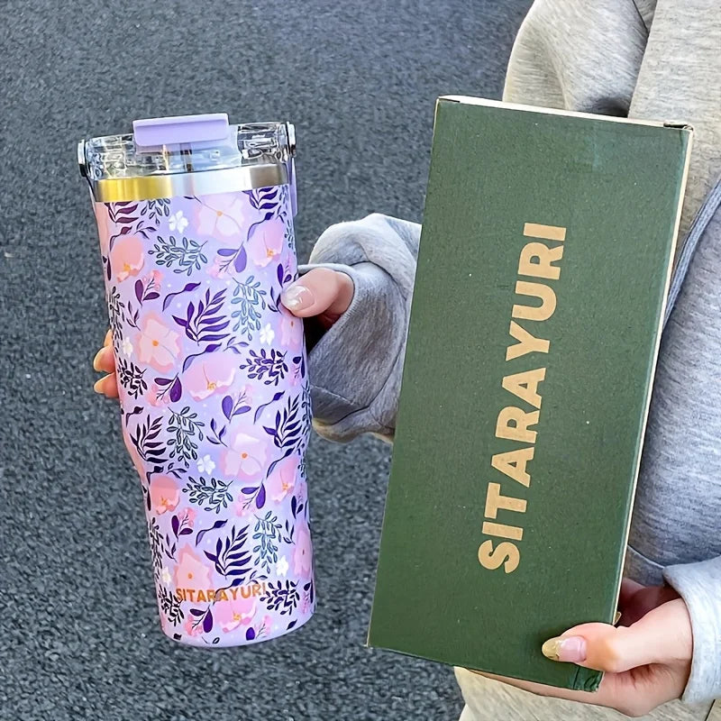 Floral 900 ml Insulated Tumbler with Handle & Straw