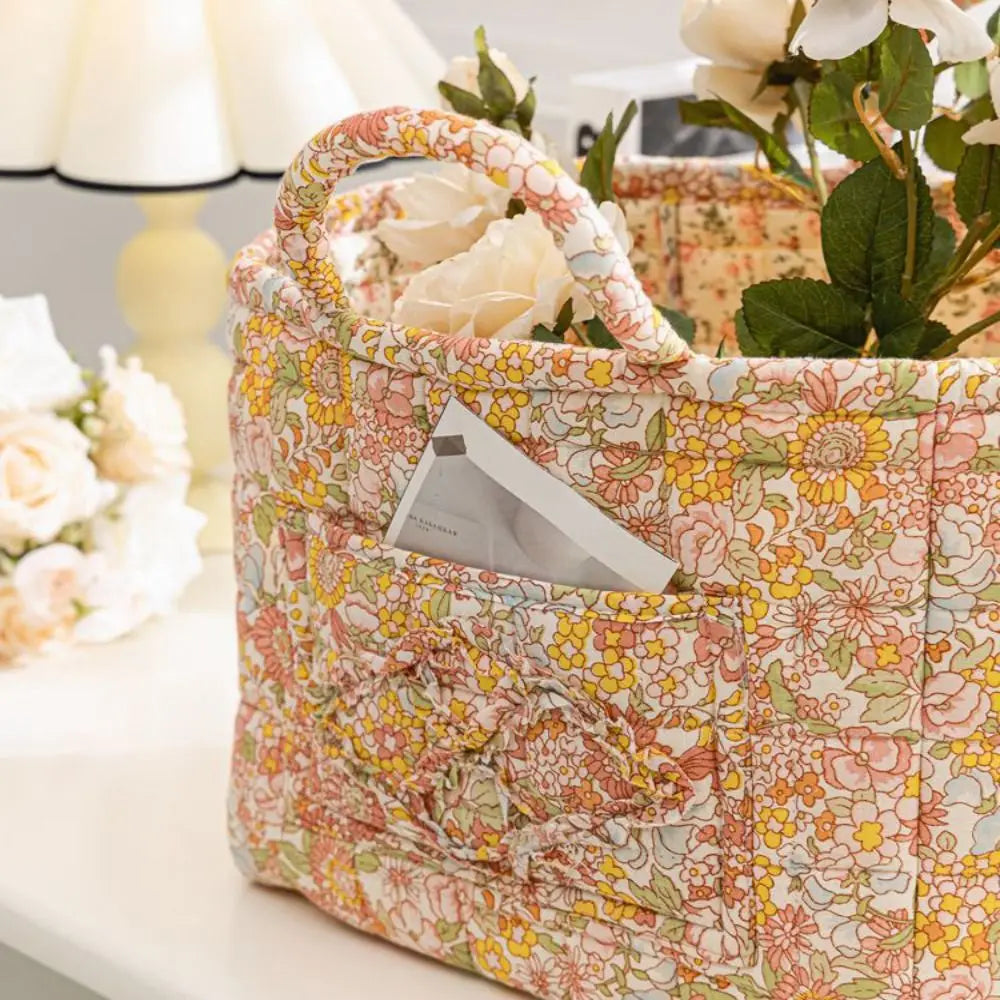 Quilted Floral Storage Basket — Collapsible Fabric Organizer Bag