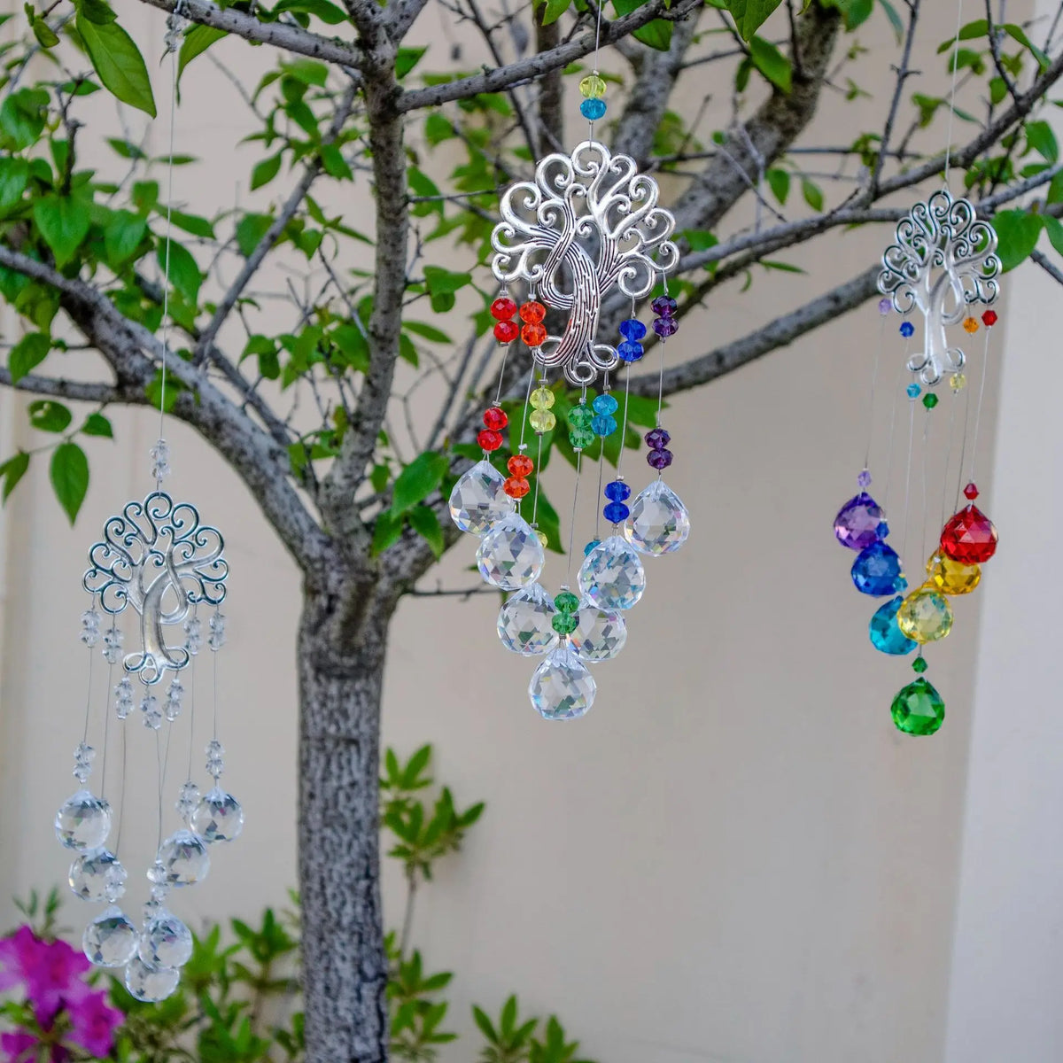 Tree of Life Crystal Suncatcher | Rainbow Prism Hanging Ornament for Window & Garden