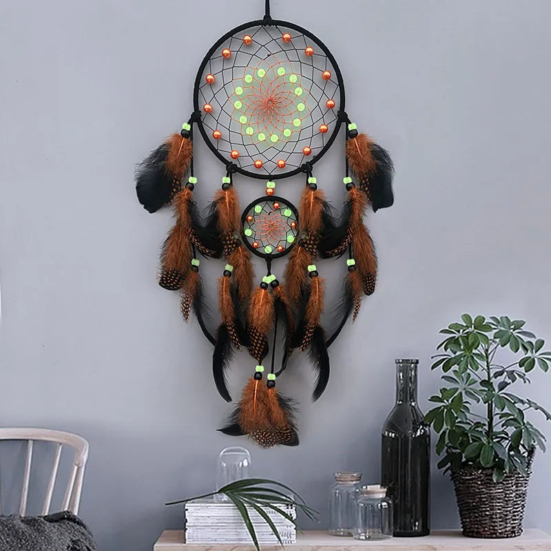 Luminous Bead Dream Catcher – Handwoven Boho Wall Hanging with Feathers