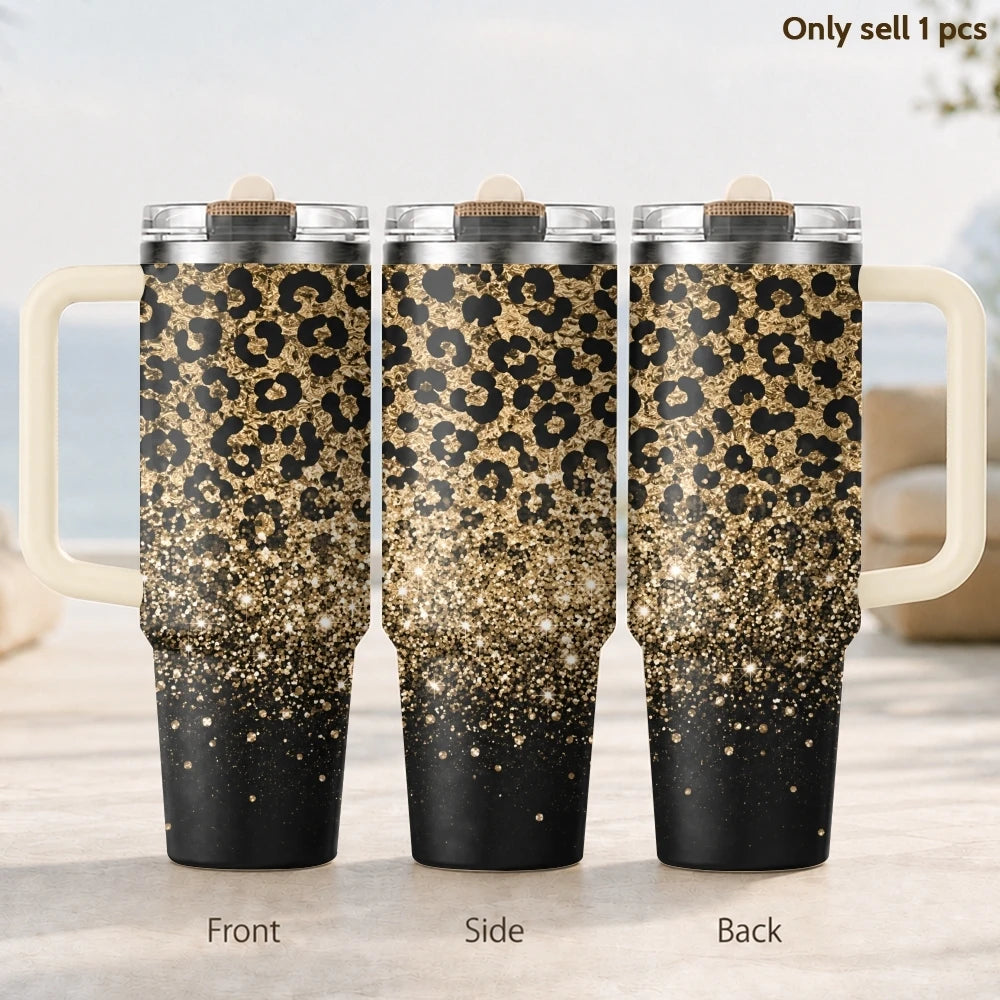 40oz Golden Glitter Leopard Print Tumbler | Insulated Travel Mug with Handle & Straw