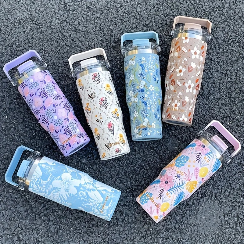 Floral 900 ml Insulated Tumbler with Handle & Straw
