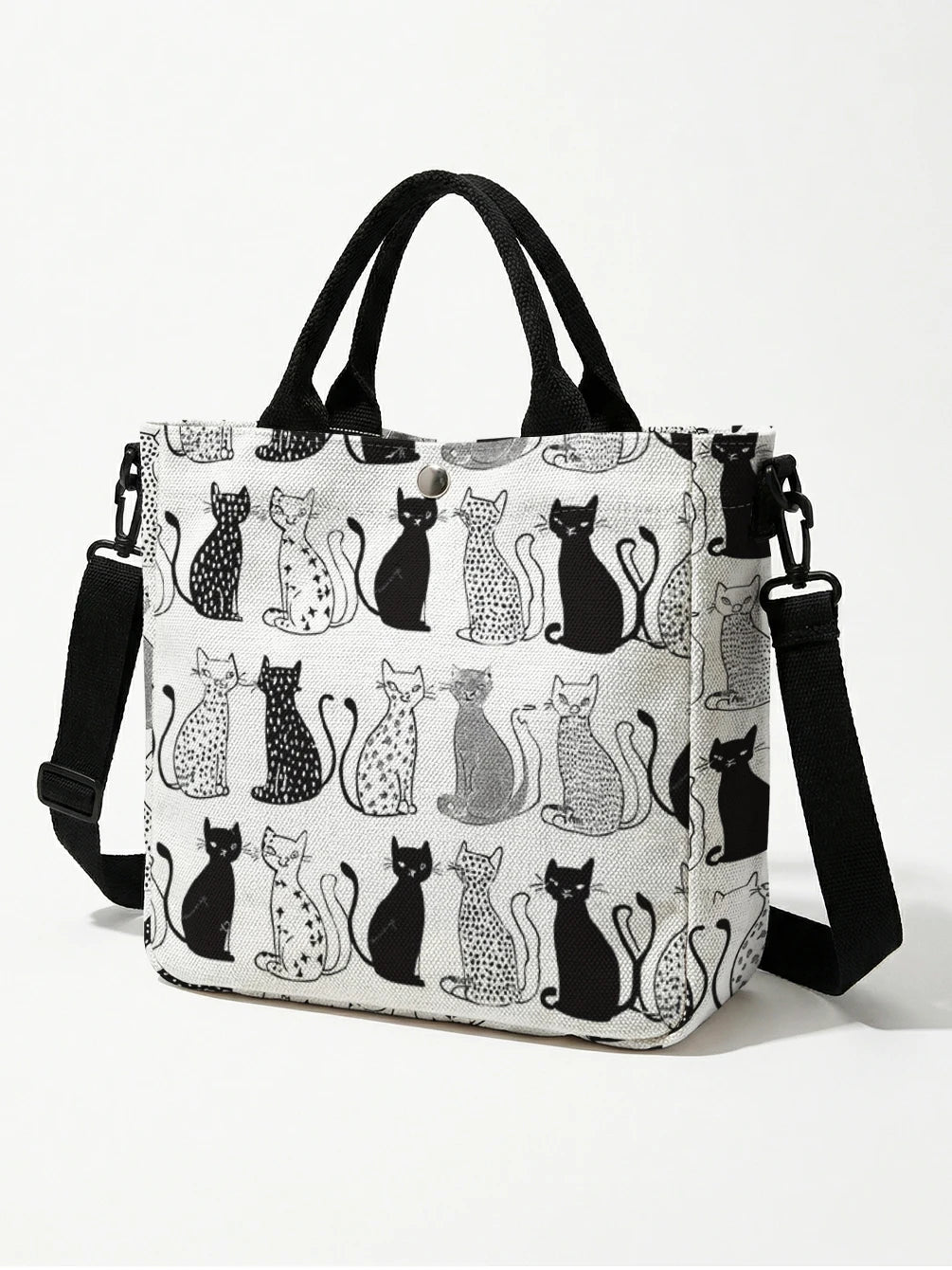 Black & White Cat Print Tote Bag with Detachable Strap