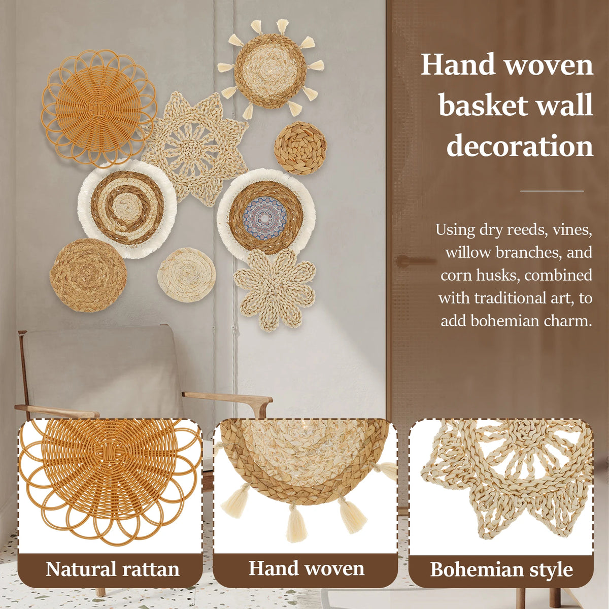 Boho Woven Basket Wall Decor | 7- or 9-Piece Set