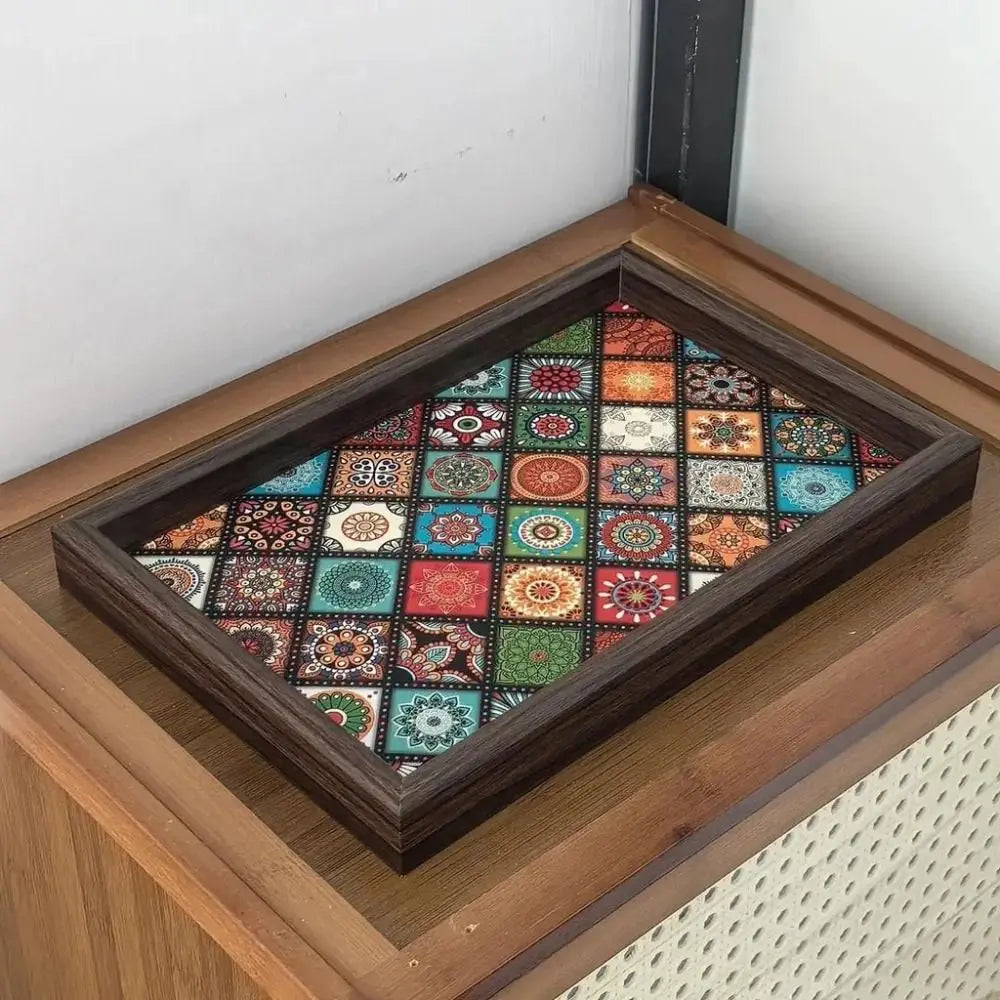 Bohemian Mosaic-Pattern Wooden Tray | 30 × 20 cm