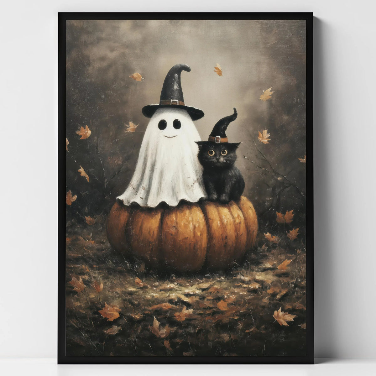 Halloween Ghost & Black Cat Dark Forest Canvas Print