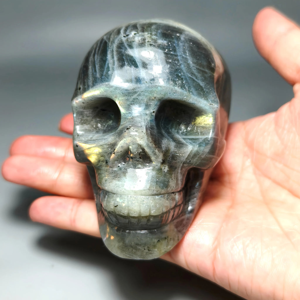 Flash Labradorite Crystal Skull | Carved Healing Stone | Halloween & Meditation Decor