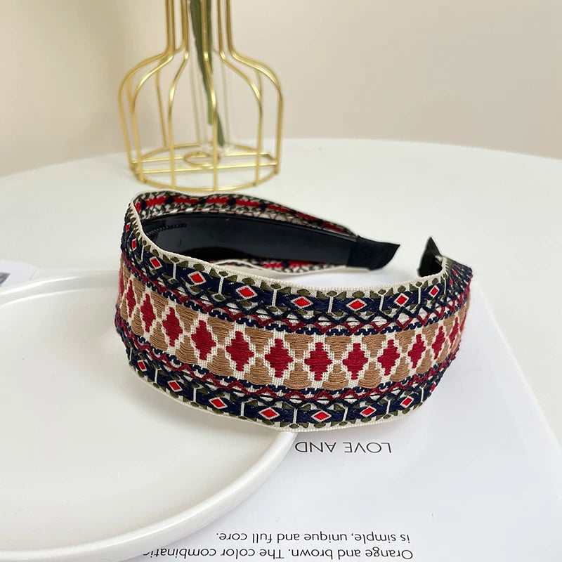 Boho Knitted Wide Headband | Embroidered Fabric Hair Band for Women & Girls