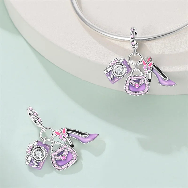 925 Sterling Silver Purple Zircon Bag Charm – Fine Jewelry Pendant for Bracelets & Gifts