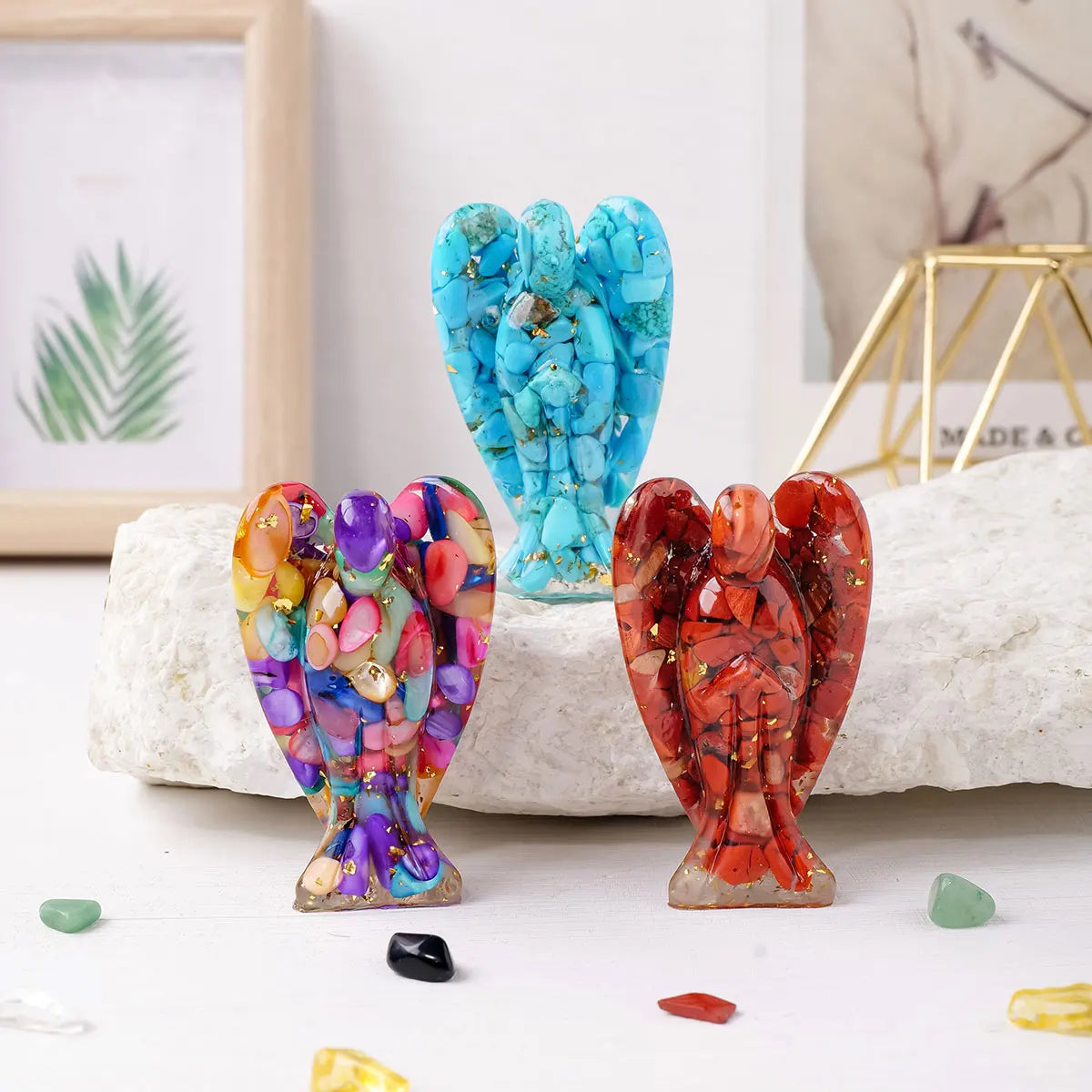 Crystal Gravel Resin Guardian Angel Figurine — Healing Stone Decor & Gift