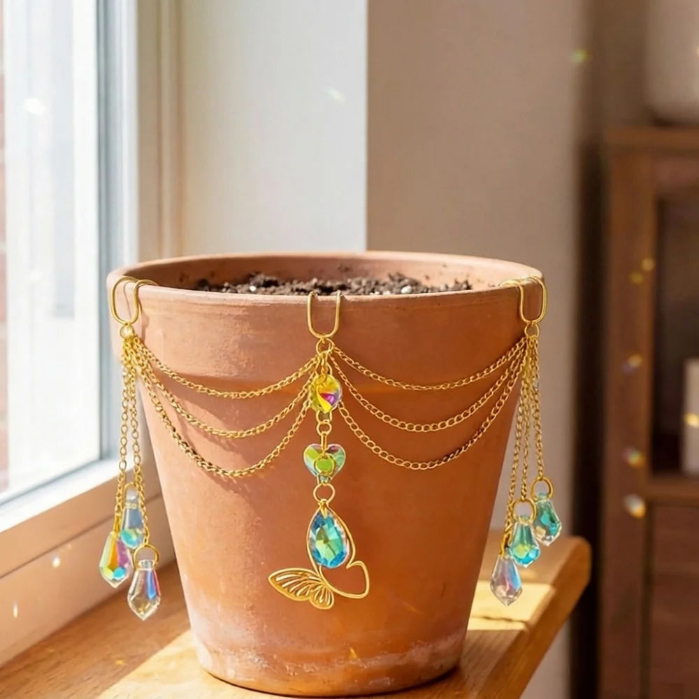 Crystal Butterfly Flower Pot Suncatcher | Boho Rainbow Prism Hanging Decor