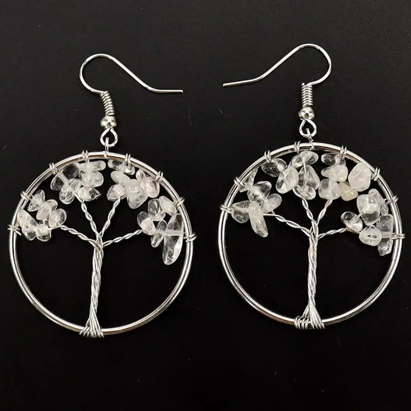 Tree of Life Crystal Drop Earrings — Wire-Wrapped Natural Stone Dangle Earrings