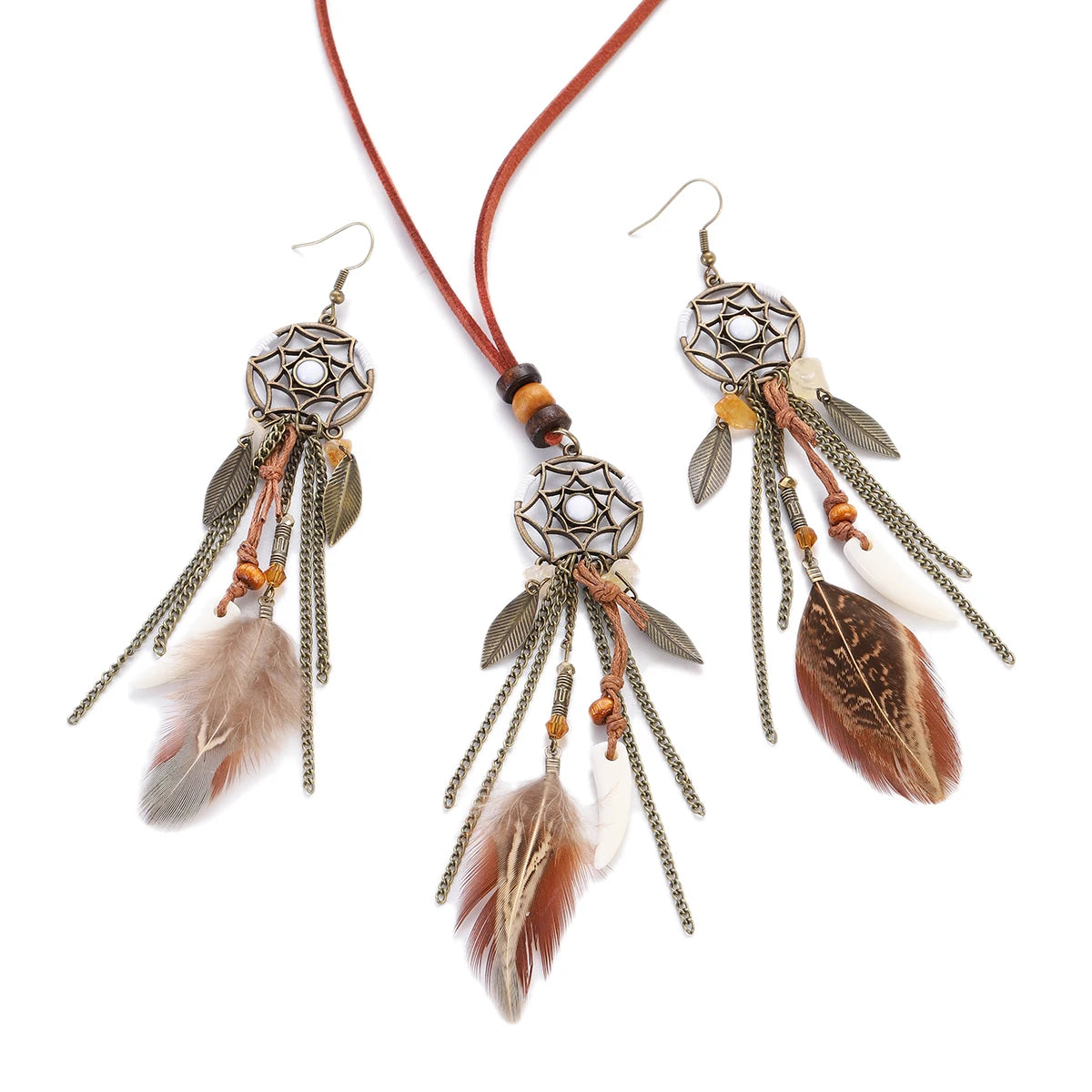 Dream Catcher Feather Jewelry Set — Boho Necklace & Tassel Earrings