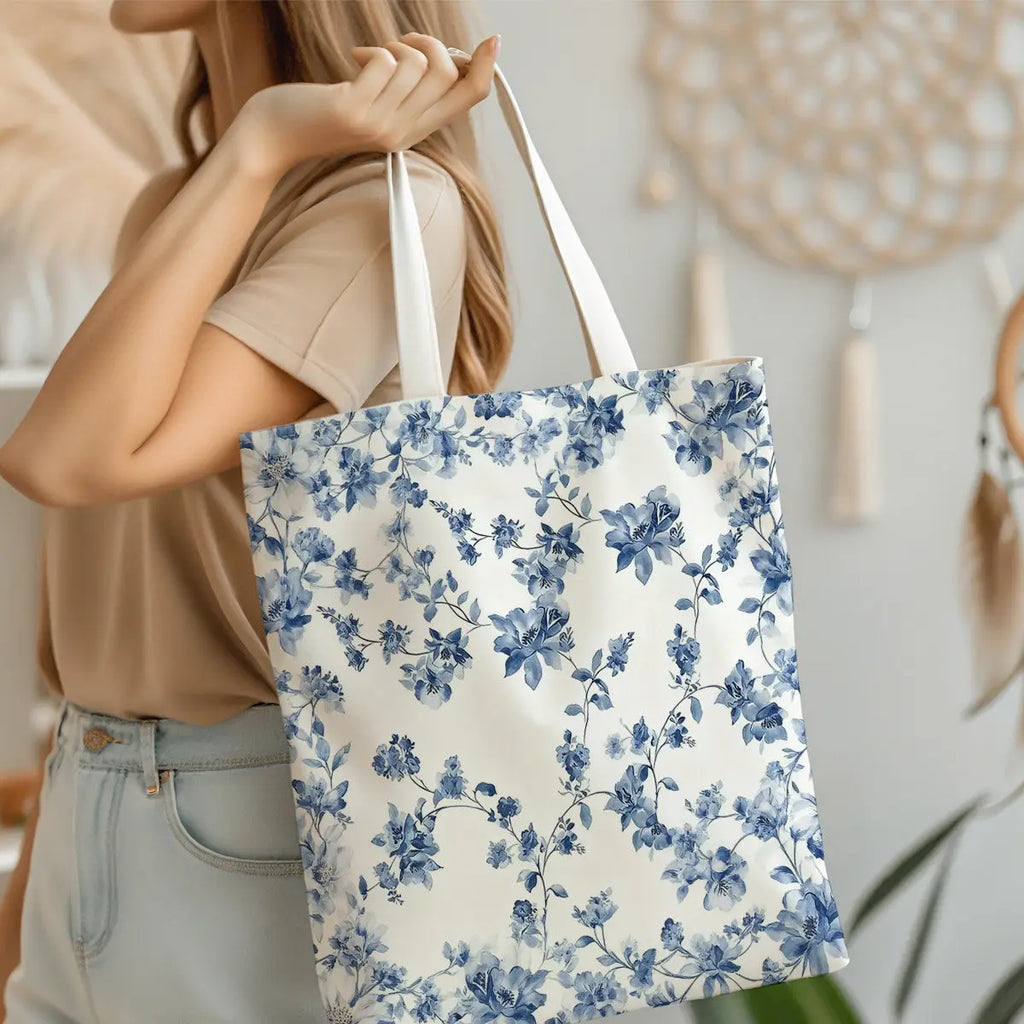 Blue Floral Canvas Tote Bag | Reusable Shopping & Travel Bag