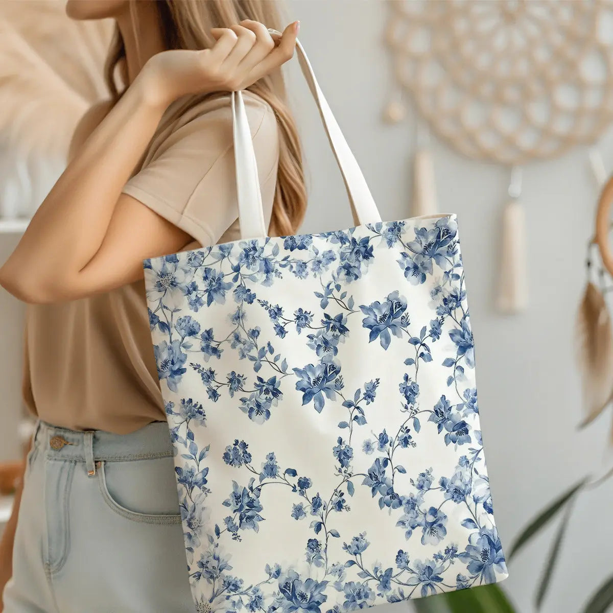 Blue Floral Canvas Tote Bag | Reusable Shopping & Travel Bag