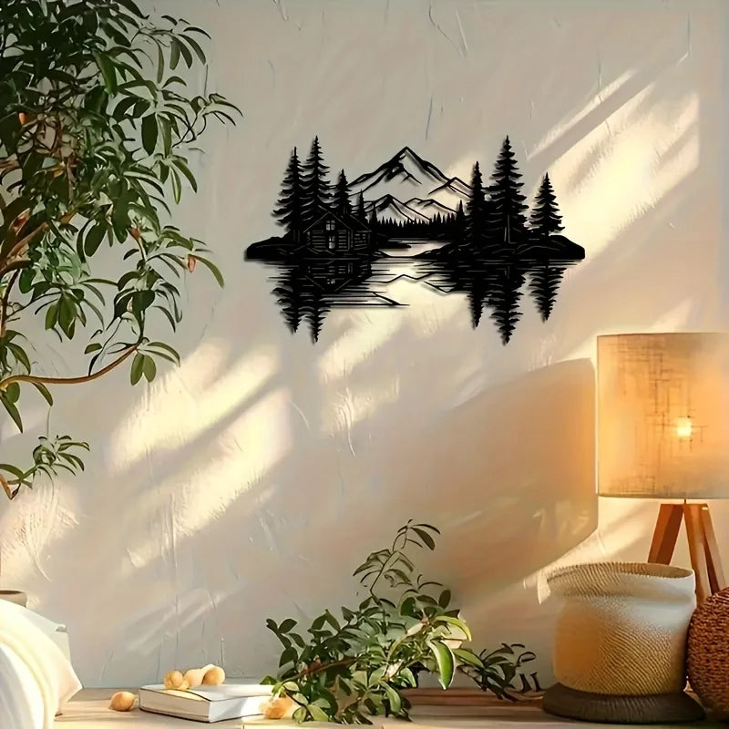 Lakeside Cabin & Mountain Metal Wall Art