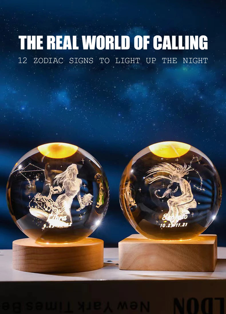 Engraved Glass Sphere LED Light | Zodiac & Whimsical Designs
