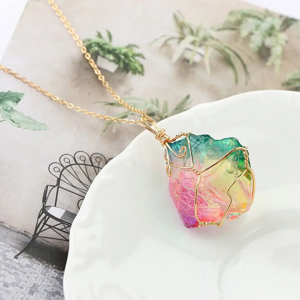 Natural Rainbow Stone Necklace — Wire-Wrapped Crystal Pendant Chakra Choker for Women