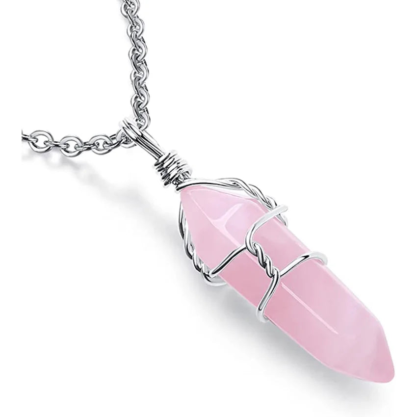 Rose Quartz Crystal Pendant Necklace | Wire Wrapped Healing Jewelry
