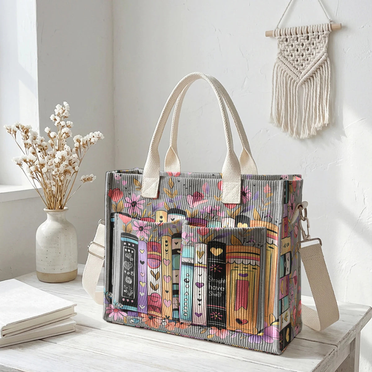 Books & Flowers Corduroy Tote Bag | Choose Your Color