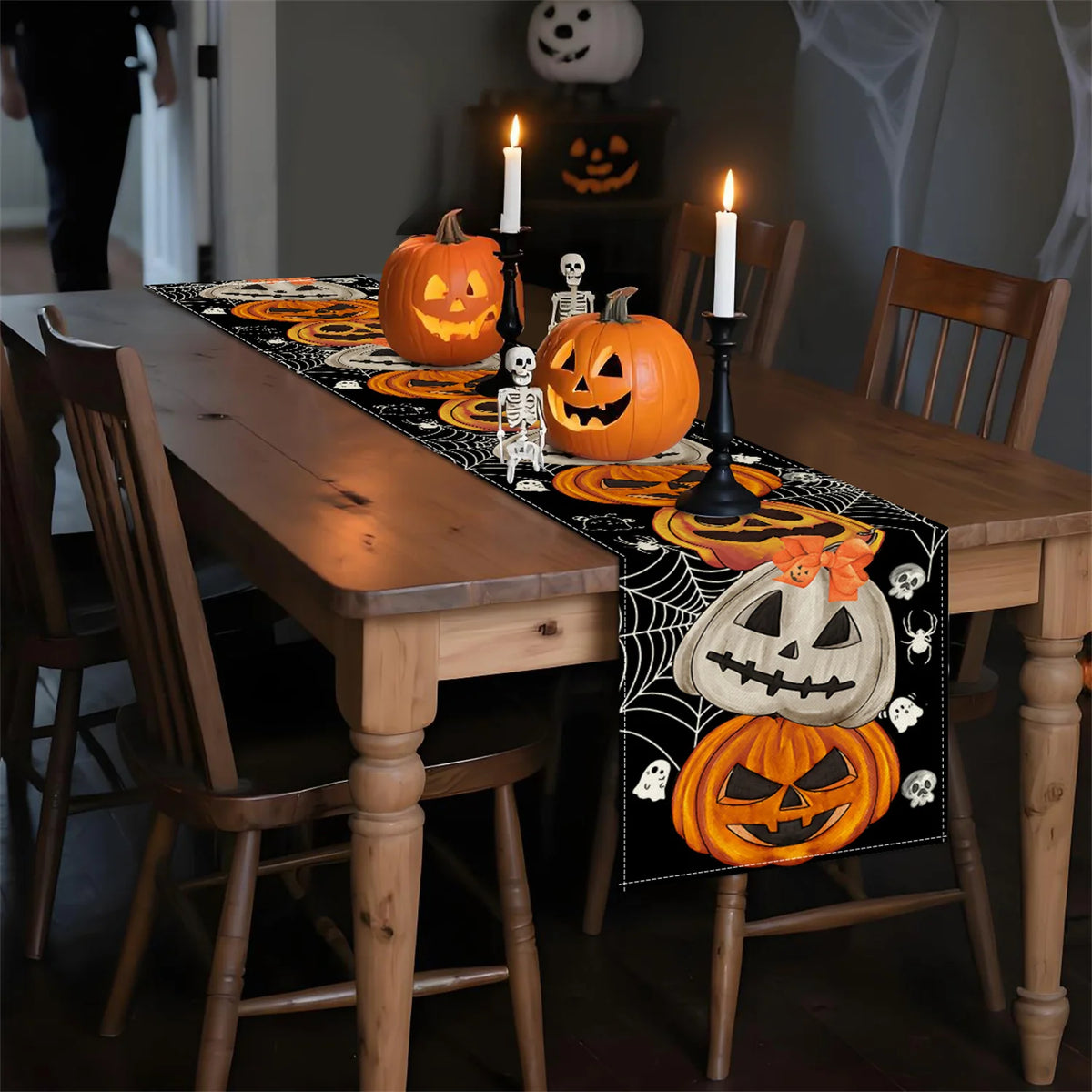Bohemian Halloween Table Runner | Pumpkin Bat Skull | Spooky Boho Party Decor